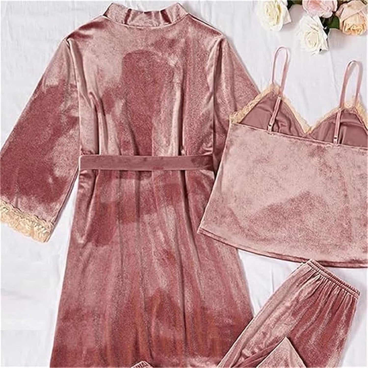 Women's Velvet Pajama Sets 4 Piece, Robe Camisole Shorts And Pants Sleepwear Velvet Lingerie Set Lace Trim Loungewear