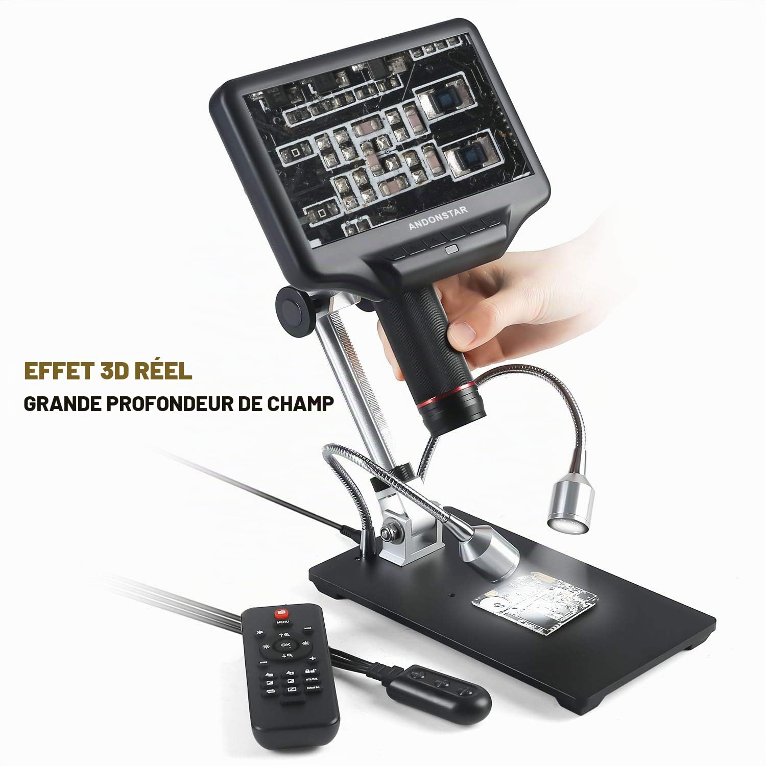 Andonstar AD407 Microscope numérique de soudure 3D HDMI avec écran LCD réglable de 7 pouces et 4MP UHD - Microscopes vidéo USB pour réparation de téléphone SMT SMD DIY