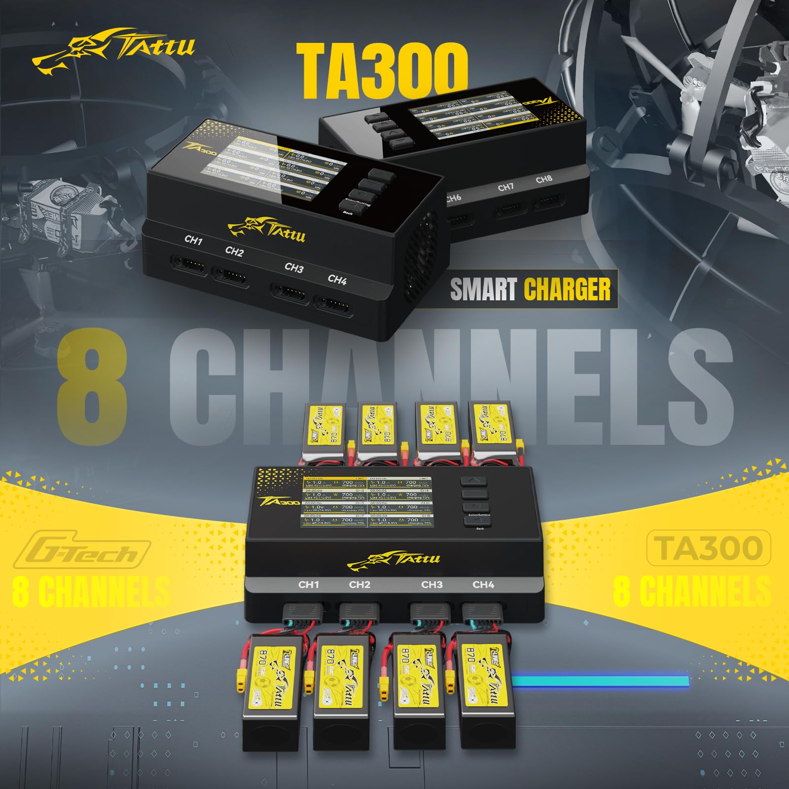 TATTU TA300 Cargador LiPo 8 Canales AC/Type-C 60W, Cargador Inteligente para Drone Soccer (Baterías 2S 3S 4S LiHV), Salida Independiente 8x30W, MAX 2A con Modo Almacenamiento