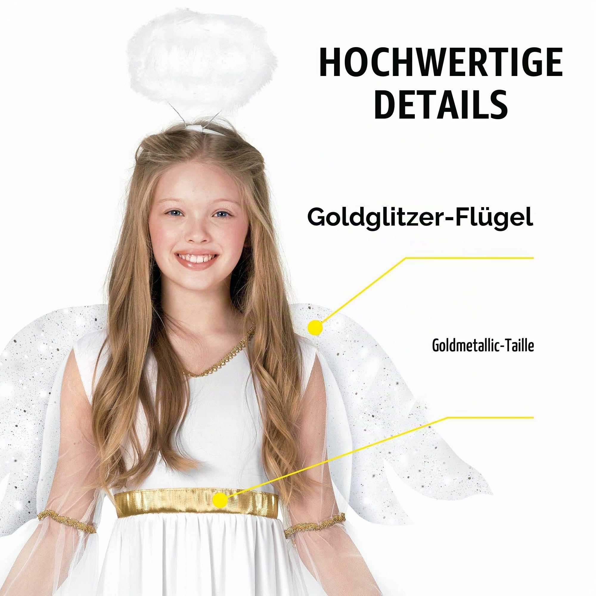 Morph Engel Kostüm Kinder, Himmlisches Halloween Kostüm Kinder | Kleid, Flügel & Heiligenschein, Weiß-goldenes Design, Zum Überziehen, Perfekt für Halloween, Ideal für Rollenspiele