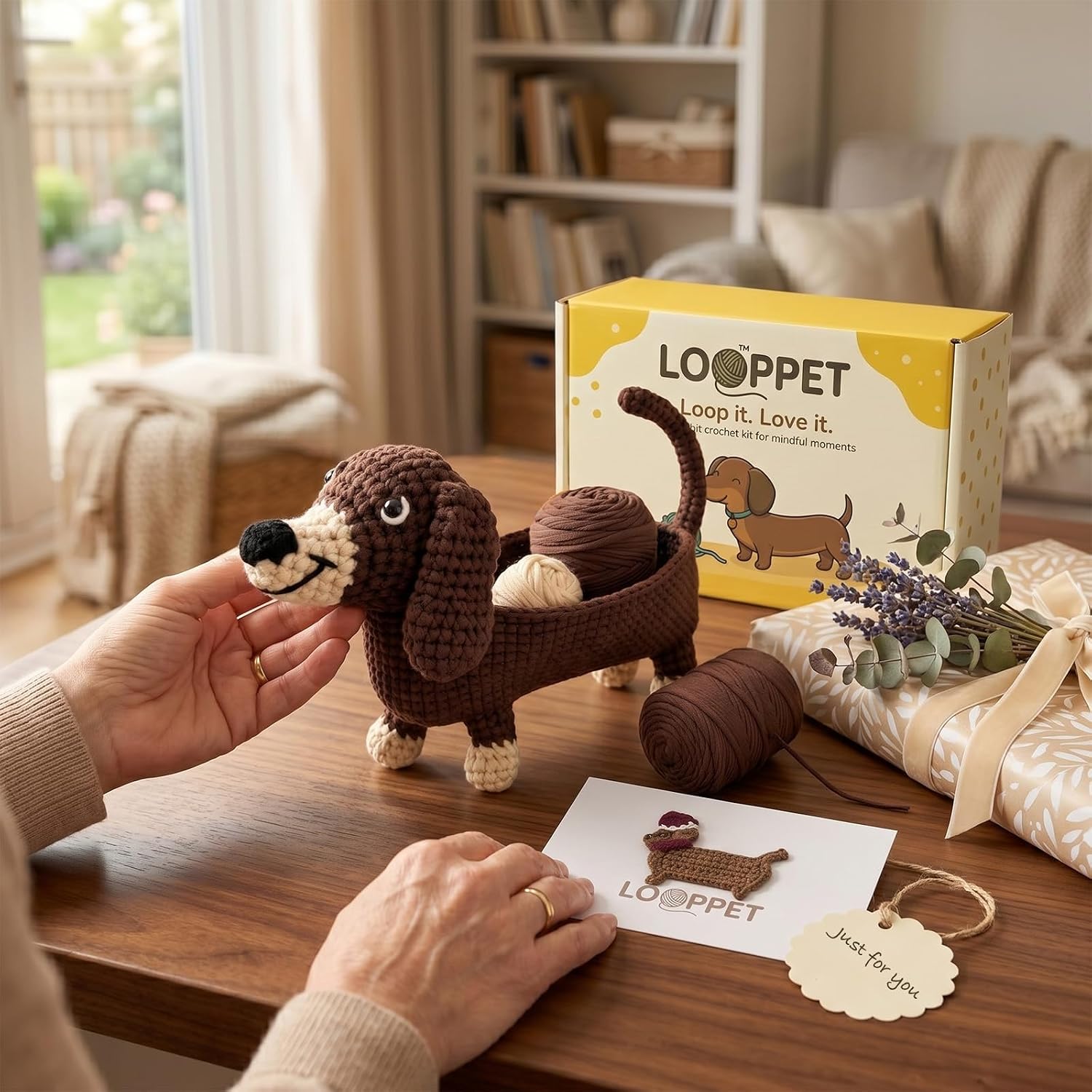 LOOPPET Dachshund Crochet Kit for Beginners, DIY Animal Pen Holder Knitting Set with Easy No-Fray Yarn & Step-by-Step Video Tutorials, Cute Craft Gifts for Mom & Dog Lovers