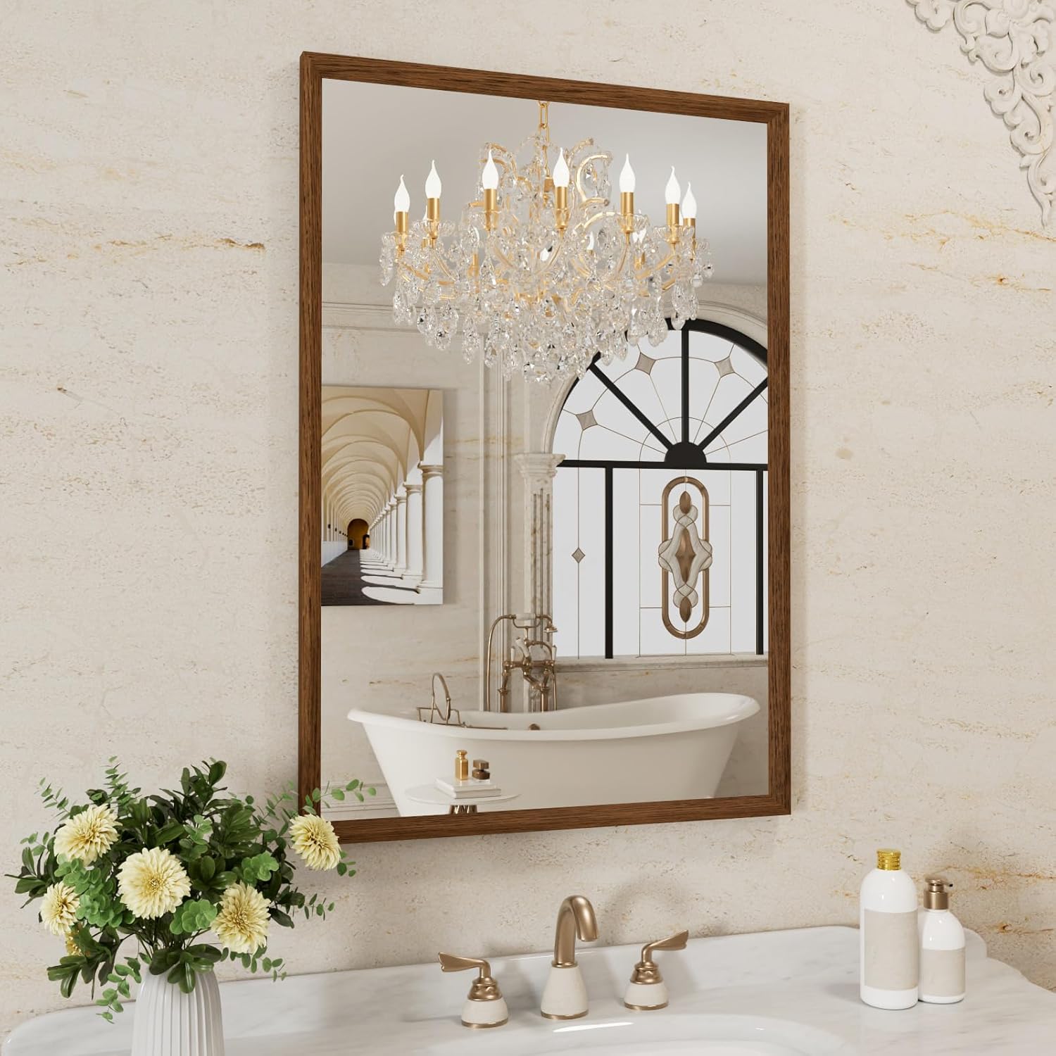 WEER Walnut Bathroom Mirror 24x36 Inch Walnut Wood Grain Framed Mirror Rectangle Wall Mounted Bathroom Vanity Mirror with