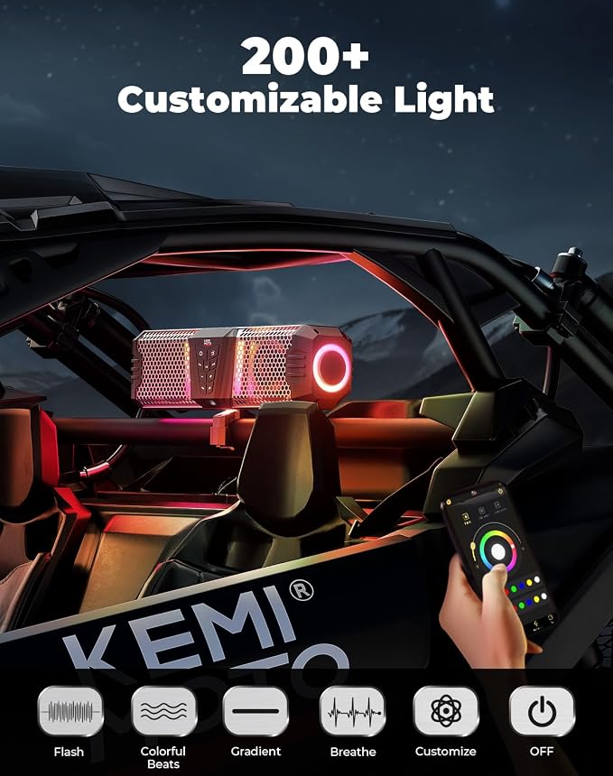 KEMIMOTO Midnight S40 16-inch Metal UTV Sound Bar Waterproof IP66 Waterproof Music Sync Multicolor Light Wireless Soundbar for UTV Golf Cart Marine Boat w/1''-2'' Roll Bar