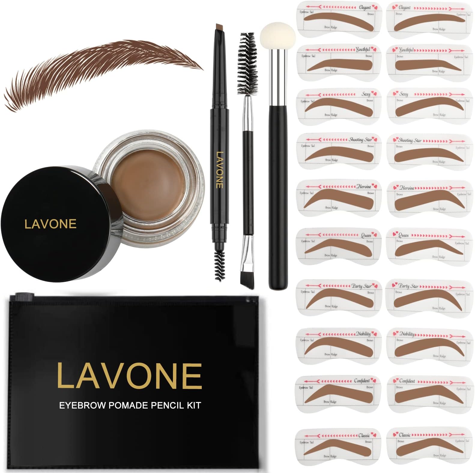 Eyebrow Stamp Stencil Kit, Brow Stamp Trio Kit with Waterproof Eyebrow Pencil, Pomade, 20 Eyebrow Stencils, Dual-ended Eyebrow Brush and Sponge Applicator - Soft Brown