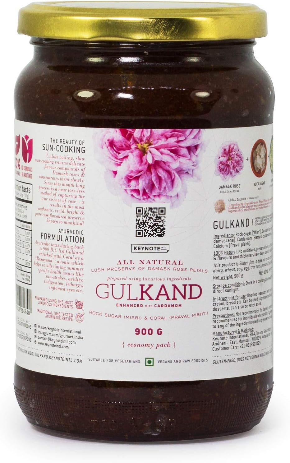 Gulkand | Export Grade | Sun Cooked | Damask Rose, Misri, Cardamom & Praval | Glass Jar 900 grams
