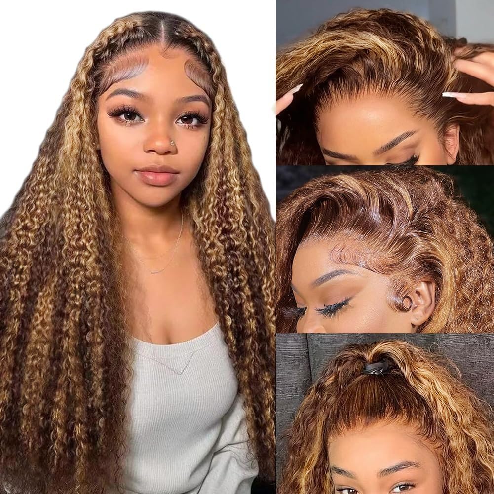 BJVT 30Inch Highlight Ombre Lace Front Wig Human Hair 13x6 HD Honey Blonde 4/27 Deep Wave Lace Frontal Wigs Glueless Wigs Human Hair Pre Plucked