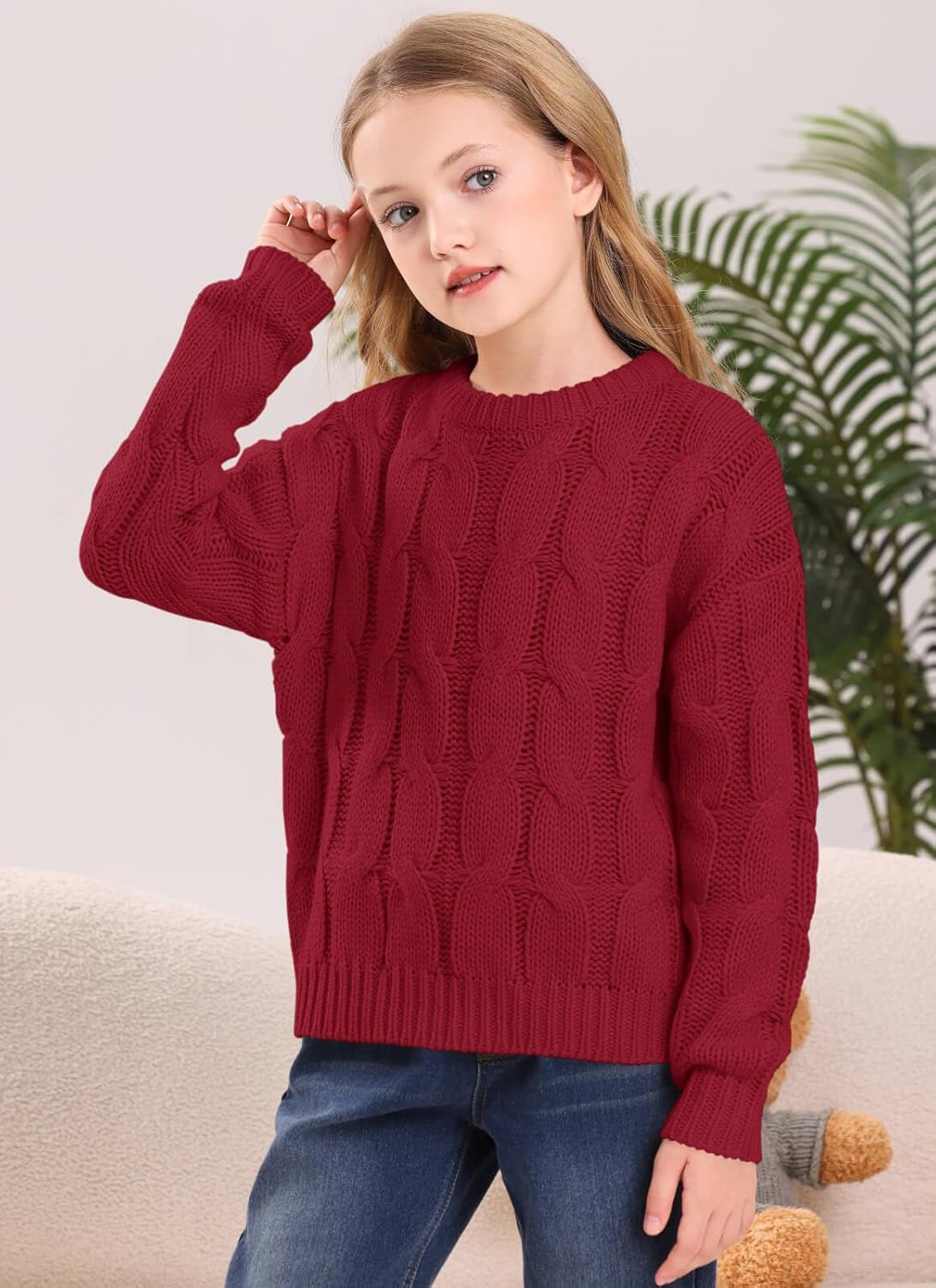 Girls Cable Knit Sweaters Chunky Long Sleeve Crewneck Drop Shoulder Warm Pullover Sweater Tops Size 5-14Y - Image 2