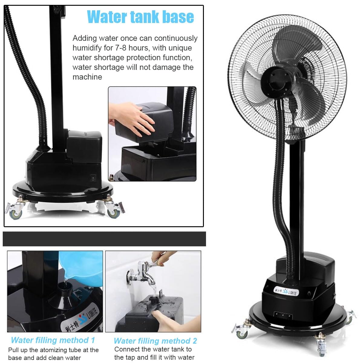 Ventiladores de pedestal, ventilador oscilante de niebla fría con tanque de agua, ventilador de nebulización oscilante para exteriores, ventilador de suelo industrial, ajuste de velocidad del viento