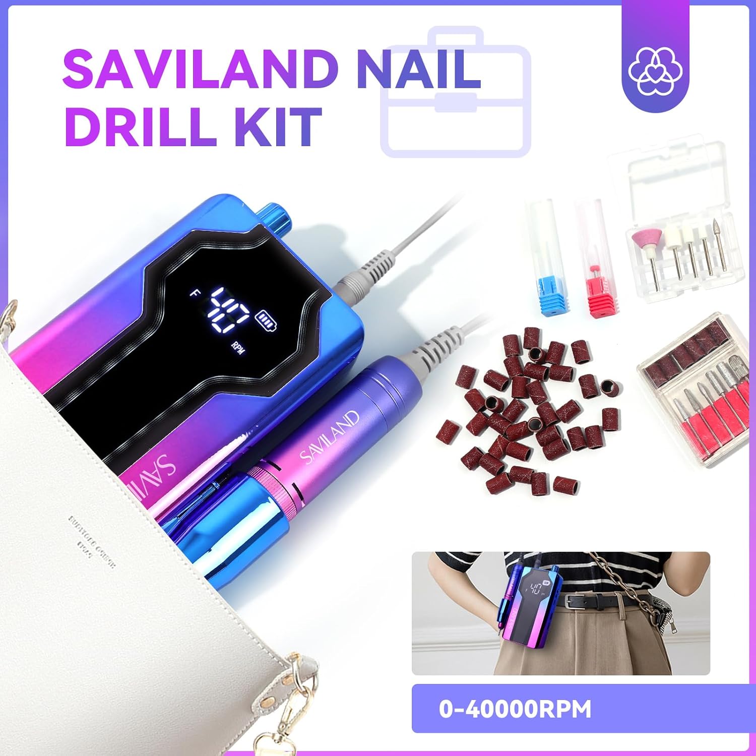 SAVILAND Nail Drill Professional: 40000RPM Nail Drill Machine 2024 Portable Nail File Faster Removal Acrylic Nails & Large Battery Capacity for Nail Art, Pedicure Manicure Home Nail Salon