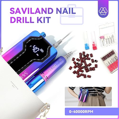 Miniatura 7 de Saviland Kit de taladro de uñas, máquina de taladro de uñas de 40000 rpm, lima de uñas eléctrica portátil para uñas acrílicas, bandas de lijado