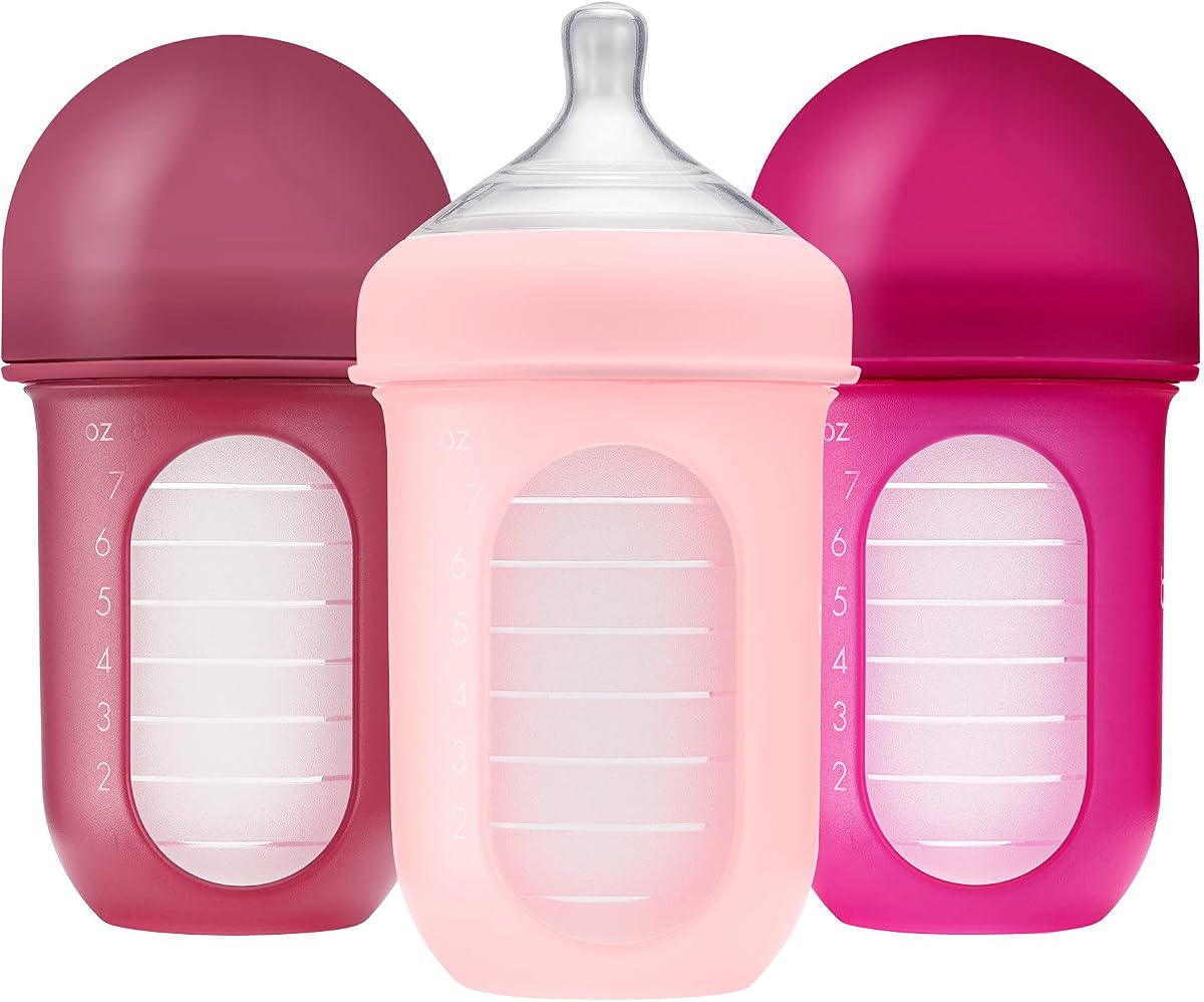 Boon Nursh Silicone Baby Bottles - Pink - 8 Oz - 3 Count | 100% Food-Safe Silicone, Made Without BPA Or PVC, Medium Flow, Air-Free Feeding, Helps Reduce Colic Symptoms, Dishwasher Safe