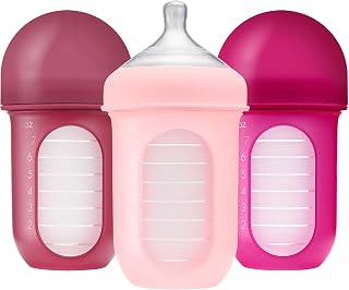 Boon Nursh 8oz Silicone Baby Bottles - Anti-Colic Medium Flow Pink - Gas-Free Feeding, BPA-Free