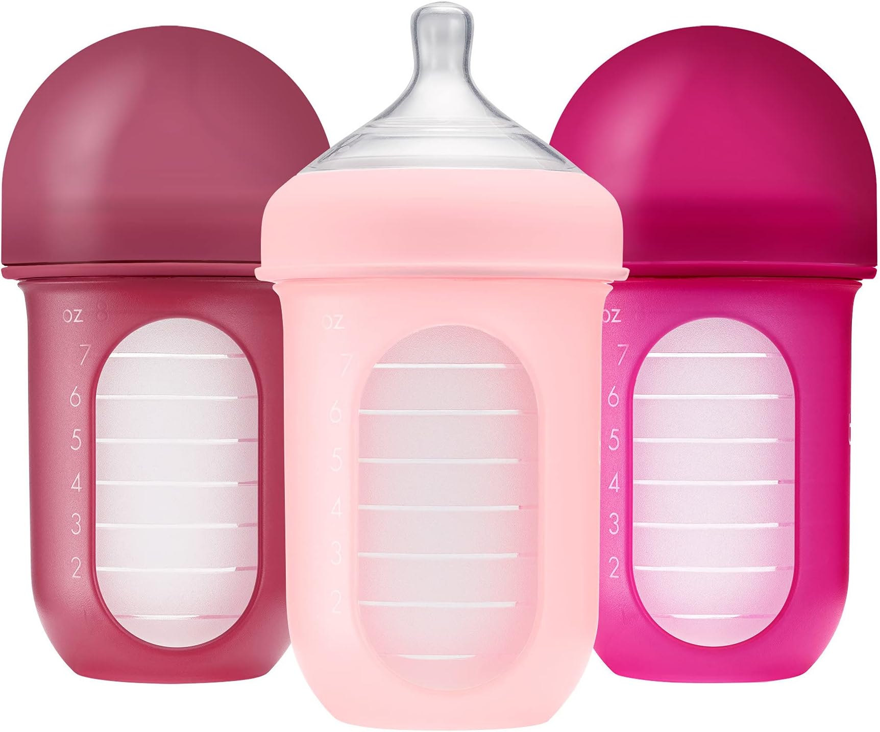 Boon Nursh Bottles - Silicone Baby Bottles Help Ease Colic Symptoms - Reusable Food-Grade Silicone Pouches with Polypropylene Shell - Medium Flow - 8 Oz - Pink