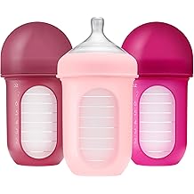 Boon Nursh Bottles - Silicone Baby Bottles Help Ease Colic Symptoms - Reusable Food-Grade Silicone Pouches with Polypropylene Shell - Medium Flow - 8 Oz - Pink