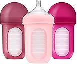 Boon Nursh Bottles - Silicone Baby Bottles Help Ease Colic Symptoms - Reusable Food-Grade Silicone Pouches with Polypropylene Shell - Medium Flow - 8 Oz - Pink