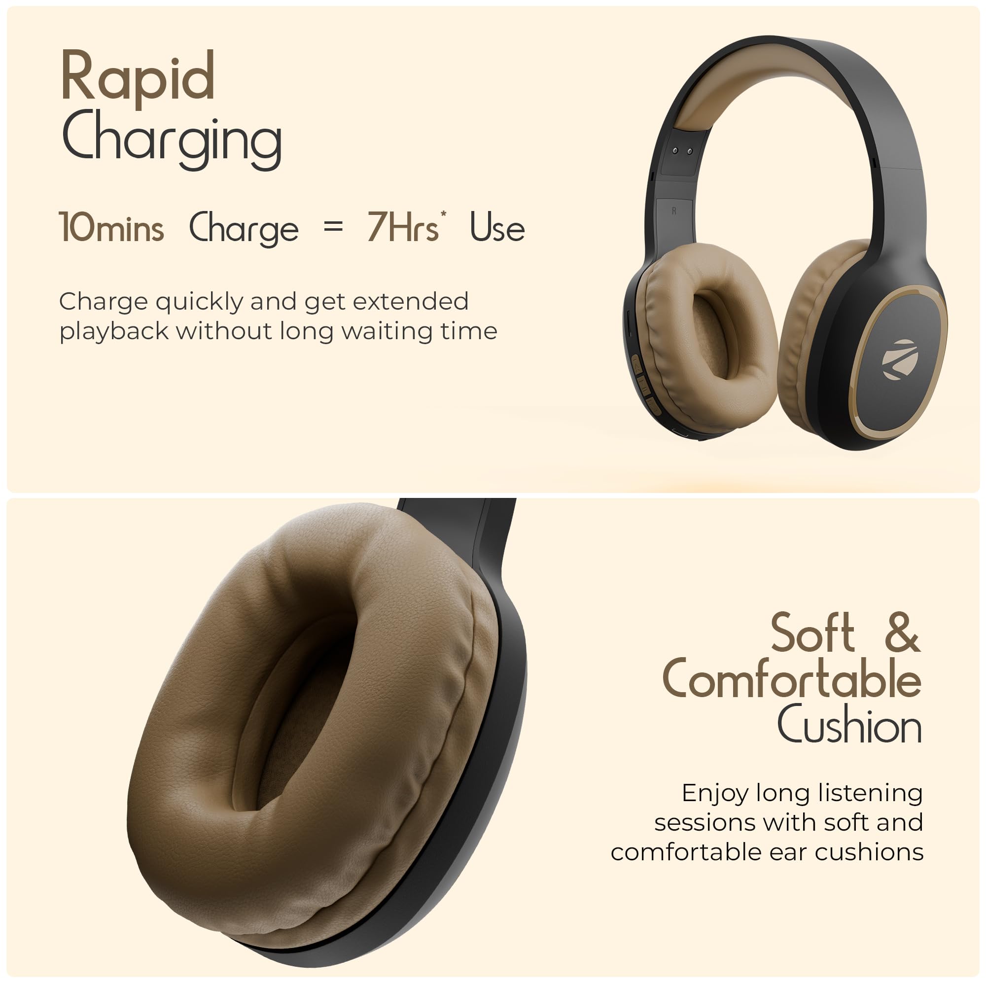 Zebronics Thunder (2026 Upgrade) Wireless Headphones, BT v6.0, True 60 hrs Playback, 40mm Drivers, ENC, Gaming Mode, Dual Pairing, AUX & microSD, Rapid Charging, Call Function (Brown) — Amazon image 6