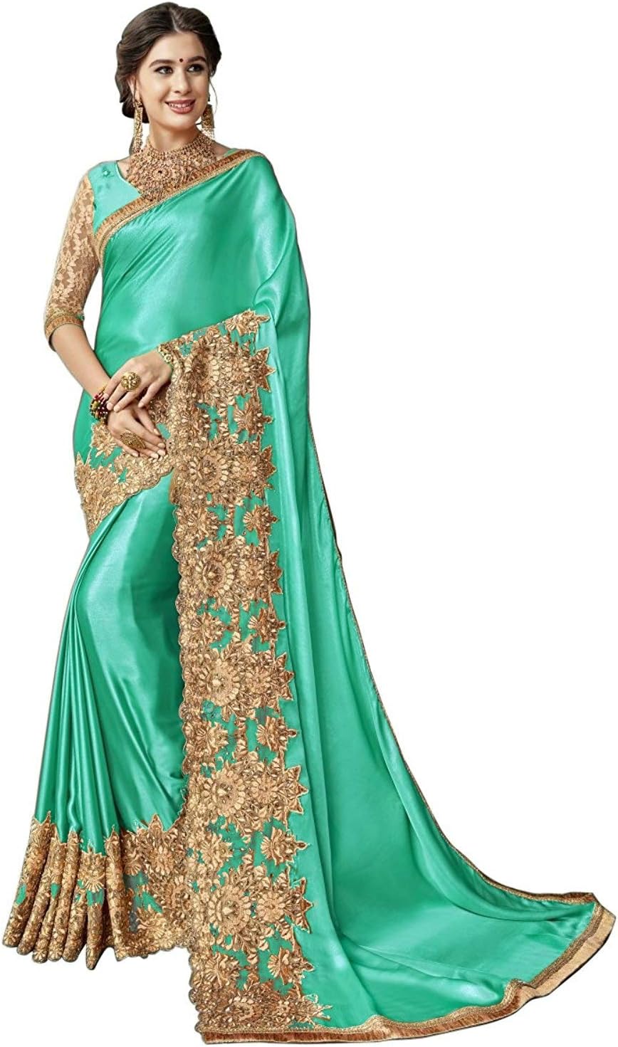 TRENDMALLS Women's Lycra Embroidery With Stone Work Saree with Unstitched Blouse