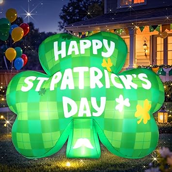 St Patricks Day Inflatables Decorations Outdoor 5FT St. Patricks Blow Up Shamrock Car Roof Inflatable Yard Decoration with LED Lights Green Lucky Irish Holiday Decor for Lawn Garden Vehicle