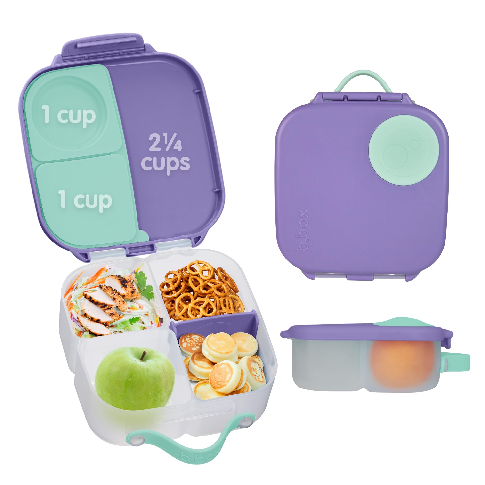 b.boxMini Lunch Box, Bento Box for Kids, Snack Container with 2 Leak Proof Compartments, Reusable Snack Containers with Lids, Kids Lunch Boxes Ages 3+, BPA Free, 4 1/4 Cup Capacity (Lilac Pop)