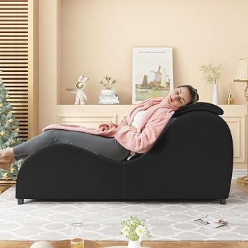 BALUS 60 Yoga Chaise Lounge Chair for Adults Stretching, S-Shape Yoga Sofa Chairs for Adults Exercising Relaxing, Faux Leather Chaise Lounges Indoor for Living Room Apartment Office, Black