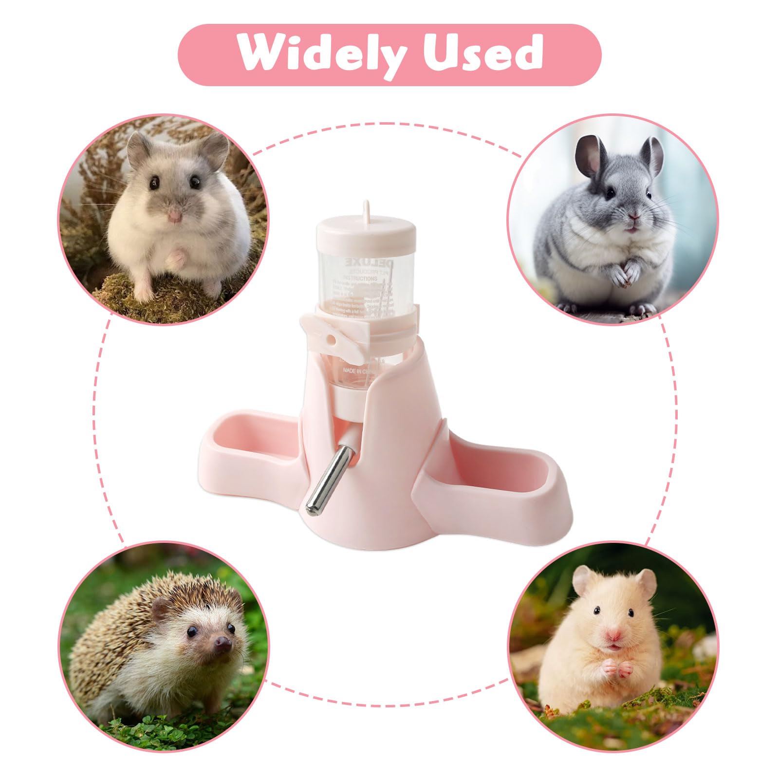 Gourde 3 en 1 pour hamster - Rose - 80 ml - Avec double gamelle et support - Pas de fuite d'eau - Distributeur d'eau automatique pour hamsters, lapins, cochons d'Inde, chinchilla