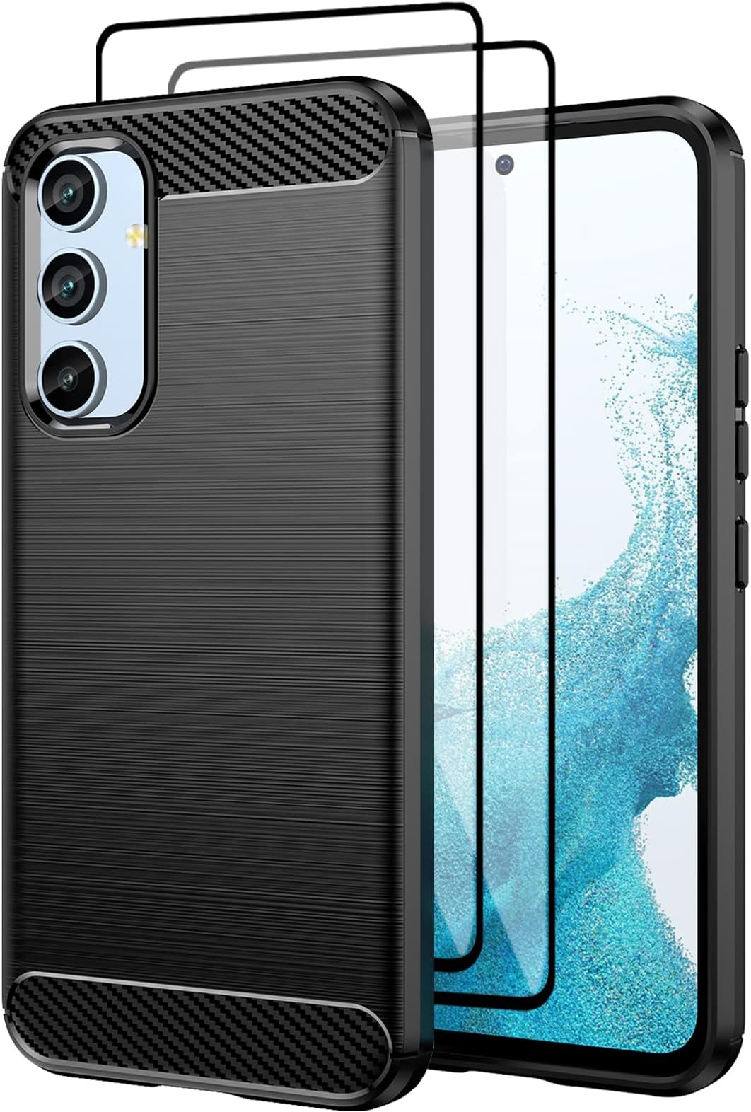 Case for Samsung Galaxy A54,with Tempered Glass Screen Protector [2 Pack], Carbon Fiber Scratch Resistant, Shock Absorption Soft TPU Drawing Protective Cases Phone Cover - Black