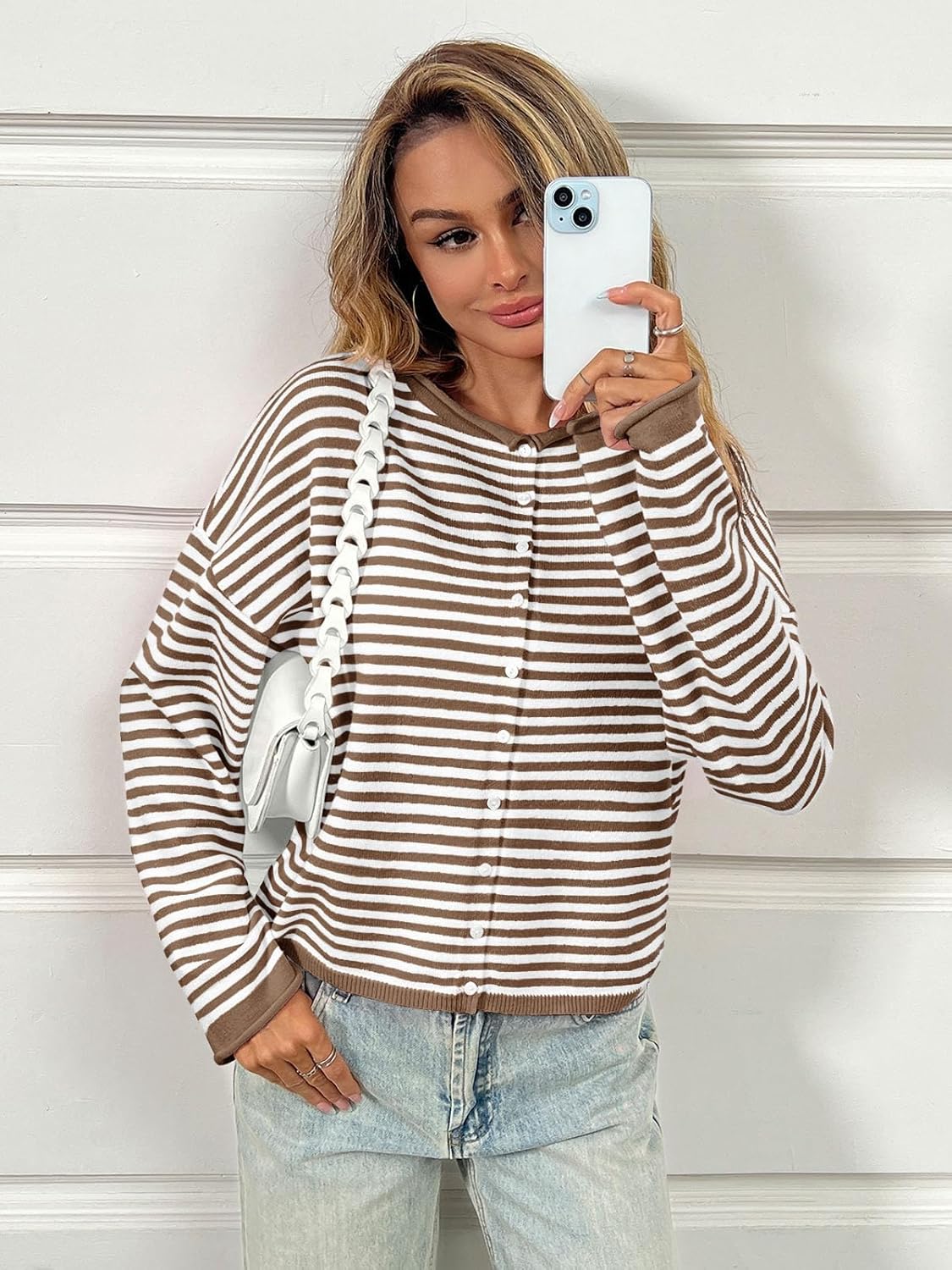 Saodimallsu Womens Striped Cardigan Casual Long Sleeve Open Front Button Down Loose Knit Lightweight Fall Sweaters - Image 5