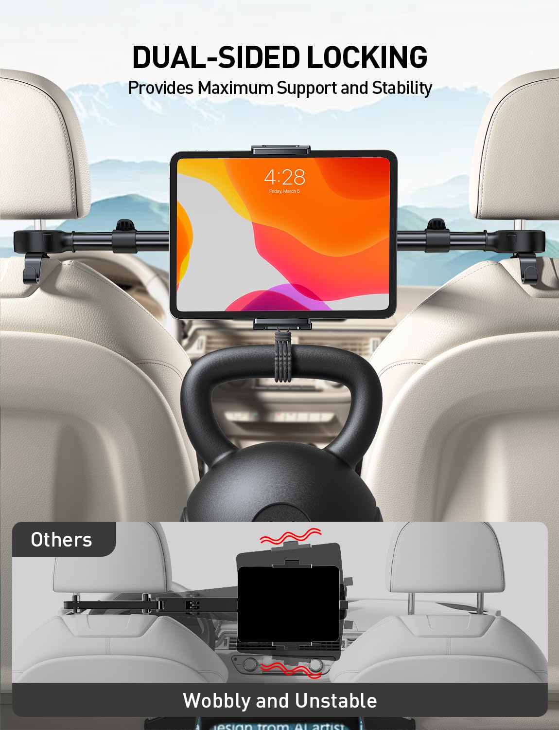 TRYONE Support Tablette Voiture Appuie-Tête, 2 Crochets, 4,7–16,1" | Compatible iPad, Samsung Tab, Switch et smartphones 4,7–16,1"