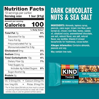 KIND Thins Snack Bars Variety Pack, Gluten Free, Low Calorie, Healthy Snacks, Dark Chocolate Nuts & Sea Salt, Caramel Almond & Sea Salt, Peanut Butter Dark Chocolate, 4g Sugar, 30 Count
