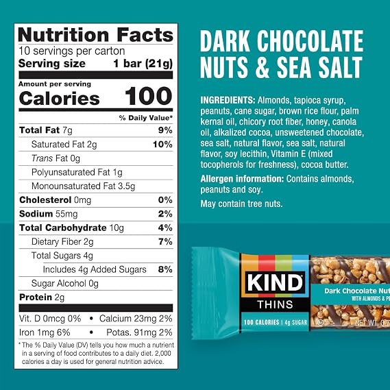 KIND Thins Snack Bars Variety Pack, Gluten Free, Low Calorie, Healthy Snacks, Dark Chocolate Nuts & Sea Salt, Caramel Almond & Sea Salt, Peanut Butter Dark Chocolate, 4g Sugar, 30 Count