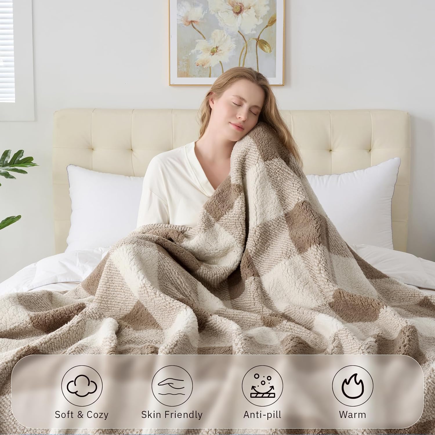 WEERRW Luxury Sherpa Throw Blanket for Couch Beds and Living Rooms, Buffalo Plaid Super Cozy Fluffy Reversible Thick Blanket, Khaki and White Checkered, 60" x 80"