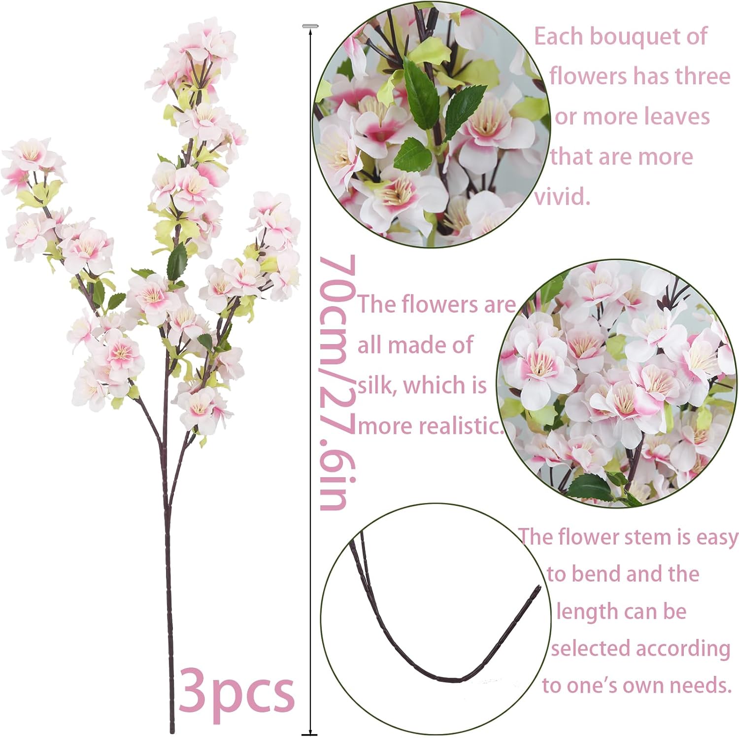 3 Pcs Cherry Blossom Branches for Vase Long Stems Artificial Flowers Spring Summer Decor Light Pink Faux Silk Cherry Blossom Branches for Home Wedding Party Table Centerpieces - Image 2