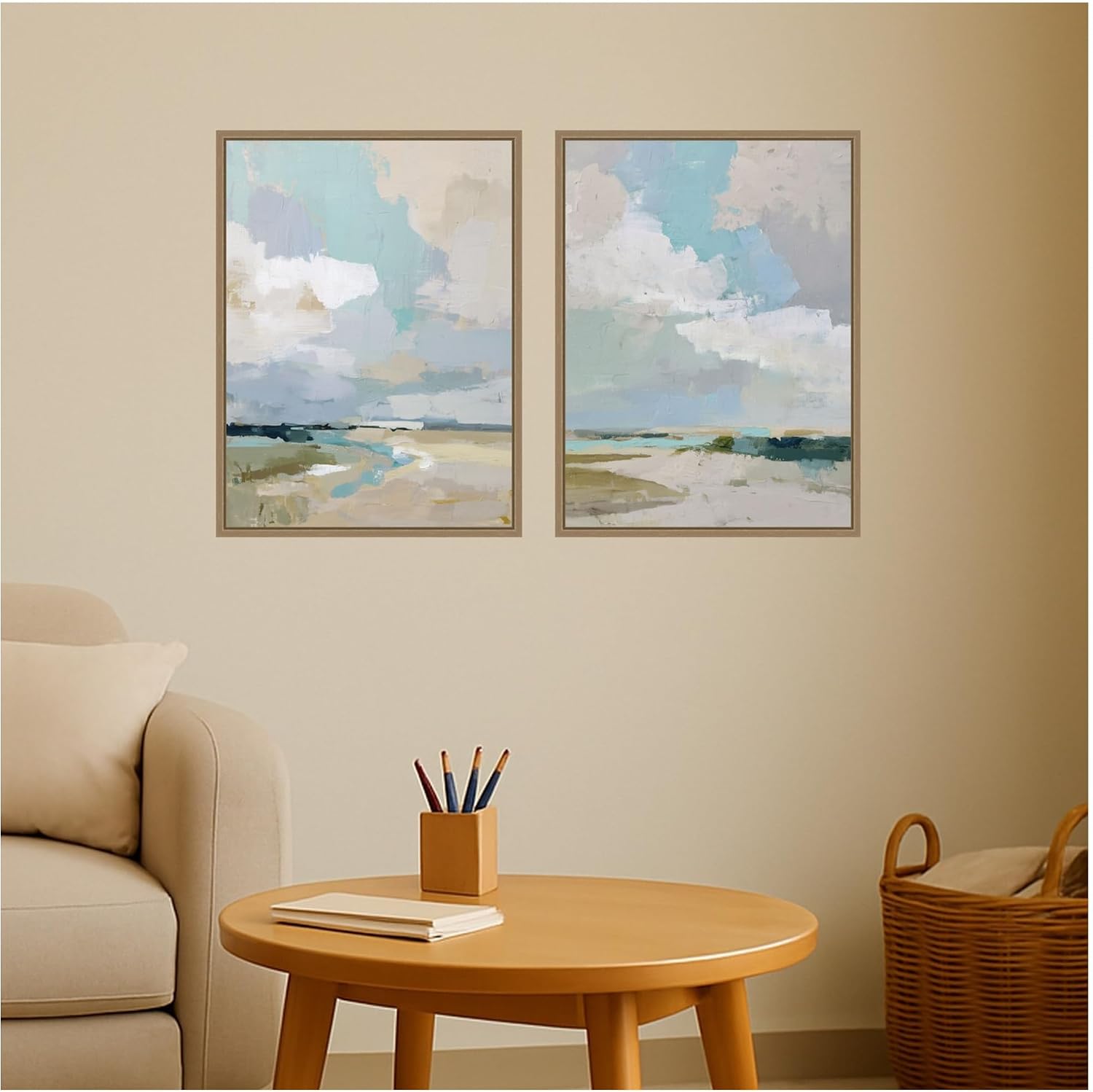 Kate and Laurel Oceanside I & II 2 Piece Framed Canvas Wall Art Set by Amy Lighthall, Sylvie Dark Gold Modern Contemporary, Abstract Art for Wall Decor