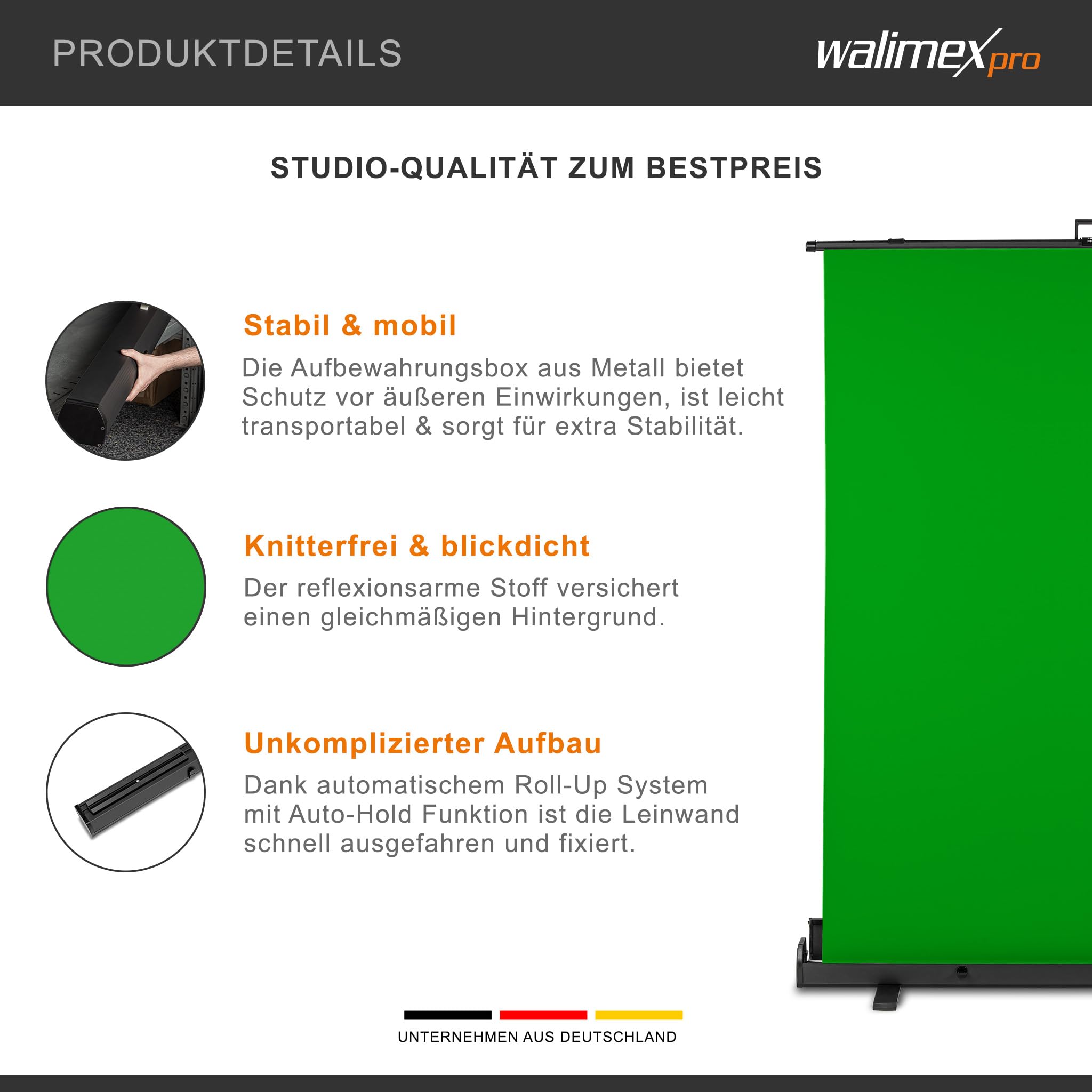 Walimex pro Roll-up Panel Hintergrund grün 165 x 220 cm, Greenscreen Fotohintergrund mit Transportbox, Hintergrundsystem für Fotostudio, knitterfreie Fotoleinwand ideal für Chromakeying