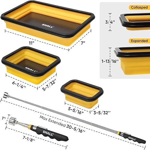 SHALL Bandeja de piezas de herramientas magnéticas plegables y juego de herramientas magnéticas telescópicas, 3 cuencos magnéticos plegables de