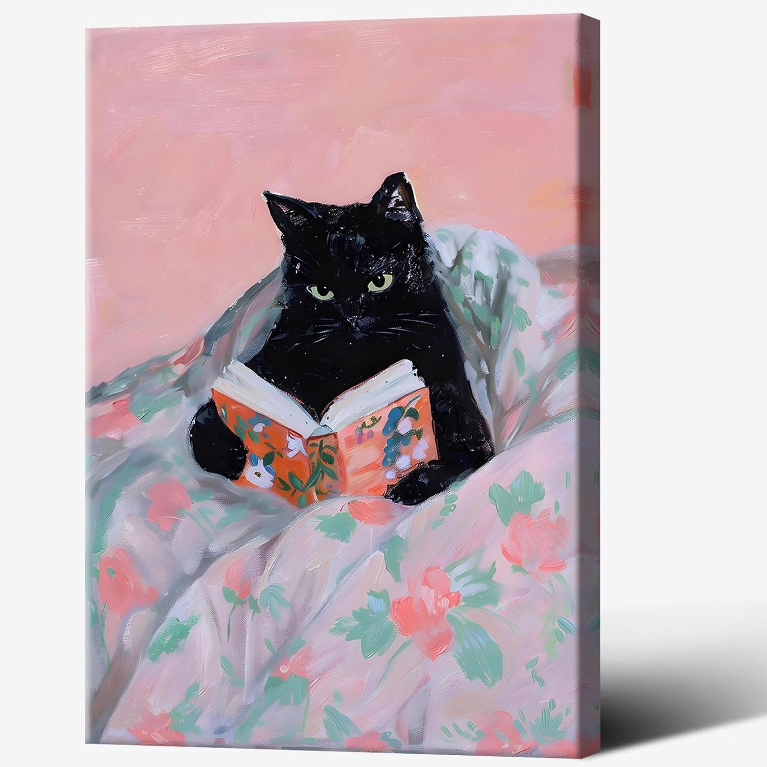 Funky Black Cat Posters Funny Pet Cat Reading In Bed Canvas Wall Art Trendy Colorful Preppy Animal Prints Painting For Home Bedroom Dorm Living Room Wall Decor 8x10 in Framed