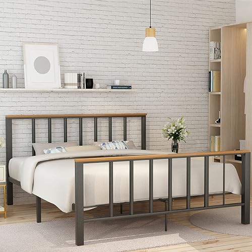 Recaceik Metal Bed Frame with Headboard Metal Platform Bed Frame No Box Spring Needed/Sturdy Steel Frame / Under Bed Storage, Easy Assembly