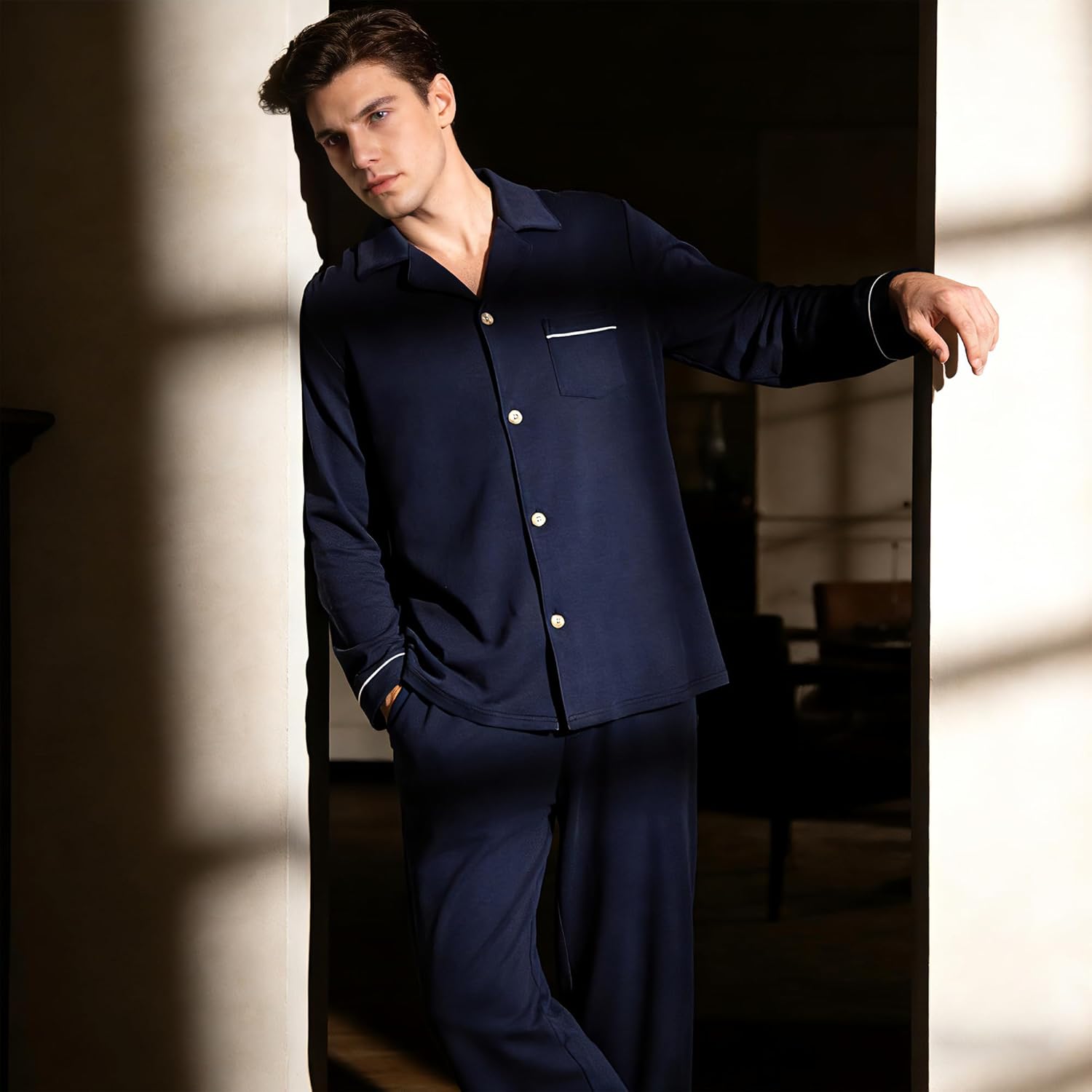 U2SKIIN Men’s 100% Cotton Pajama Set, Soft Breathable Long Sleeve Button Down Pajamas for Men Sleepwear for Home