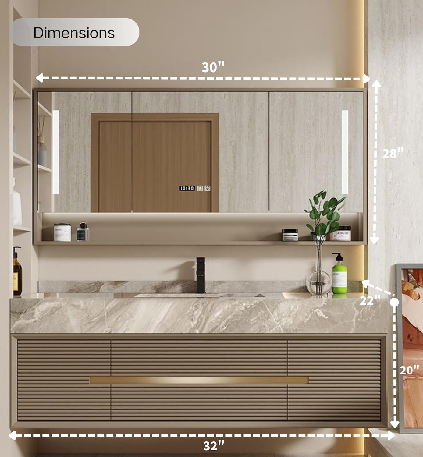 Bathroom Cabinet Vanity, 32" Bathroom Vanity with Sink, Floating Single Sink Vanity for Bathrooms, Solid Wood Luxury Vanities with Smart Anti-Fog Mirror Medicine Cabinet & Marble Countertop, (Gold)