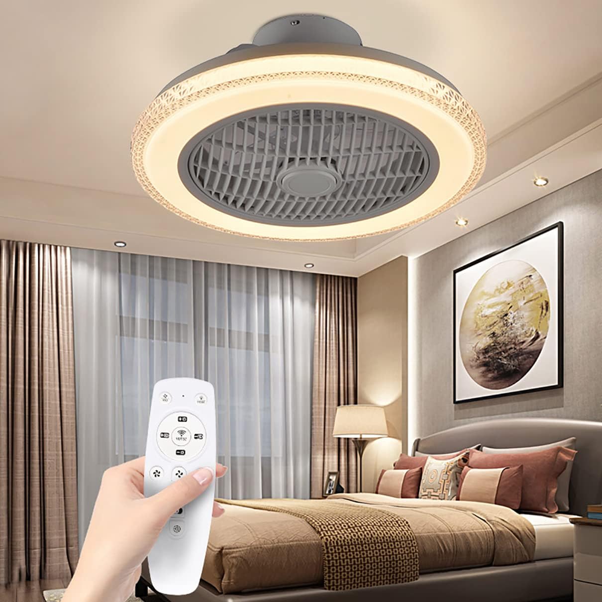 YUEGOO 72W Bedroom Fan with Ceiling Light,3 Colors Dimmable Silent Remote Control Fan Ceiling Lights with Timer 50Cm Modern Indoor Dining Room Lounge Fan with Ceiling Light