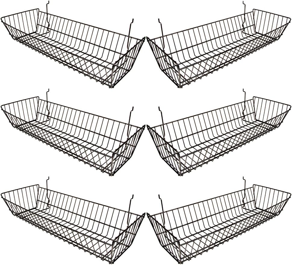 Econoco - Black Multi-fit Double Sloping Wire Basket for Slatwall, Pegboard or Gridwall (Set of 6) Vinyl Coated Wire Basket, Black