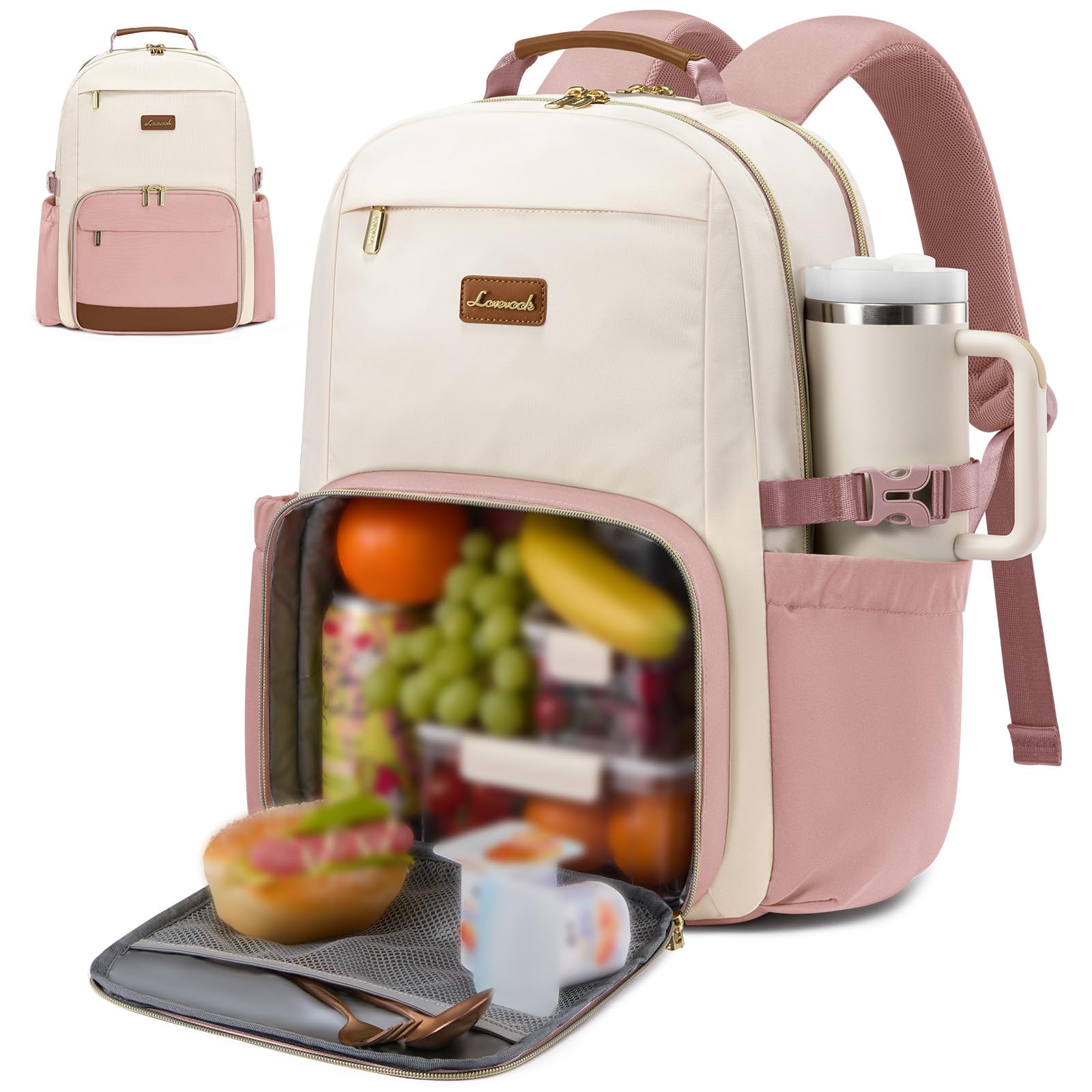 LOVEVOOK Lunch Backpack with Lunch Compartment,17 Inch Laptop Work Travel Insulated Cooler Backpack, Waterproof College Teacher Lunch Bag Box with Tumbler Holder,Gifts for Men Women,Beige-Pink-Brown