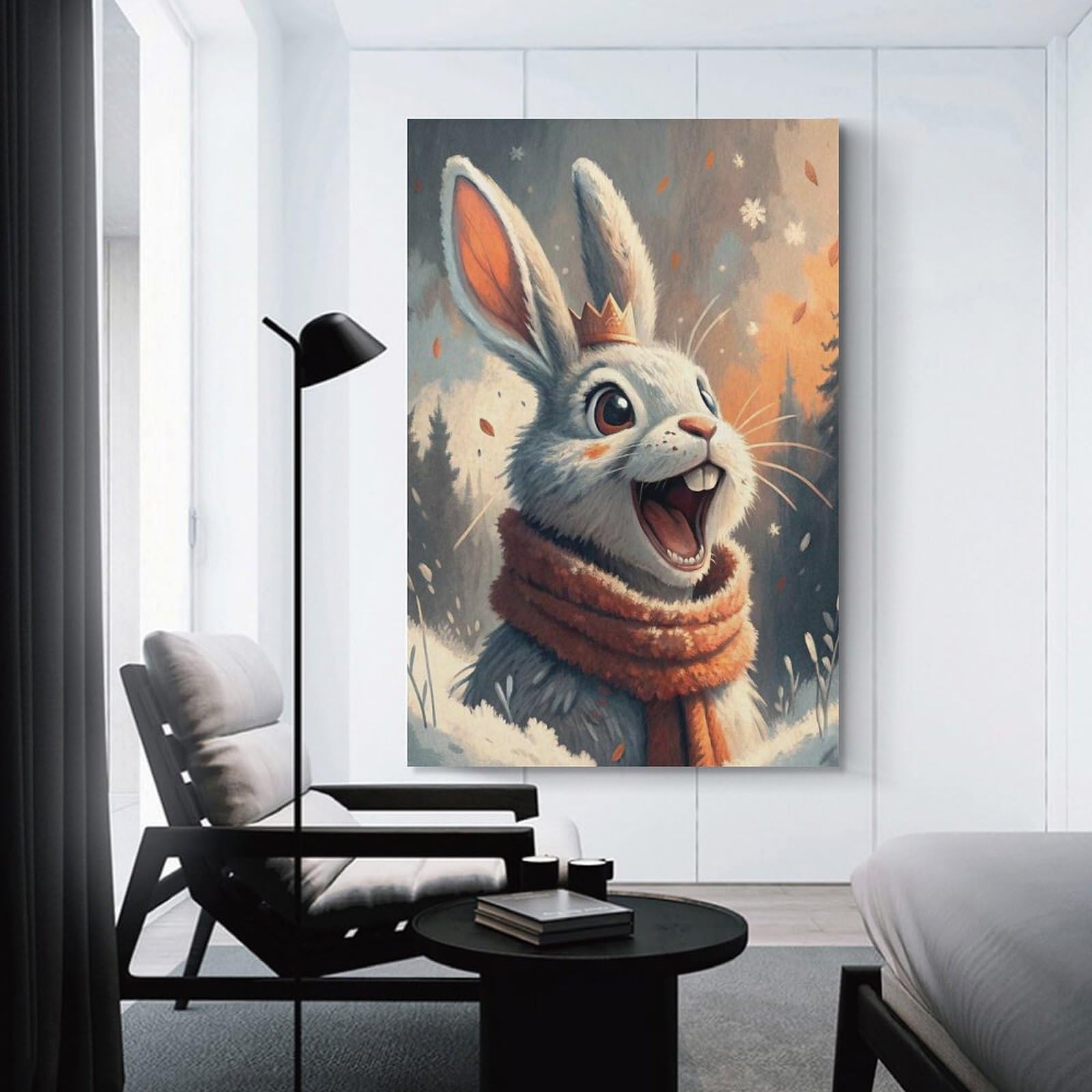 Junmoney Winter Rabbit King Wall Picture Print 20x30inch(50x75cm), for Calm Bedrooms, Home Corners Or Flats, Home Artwork with A Soft Interior Feel
