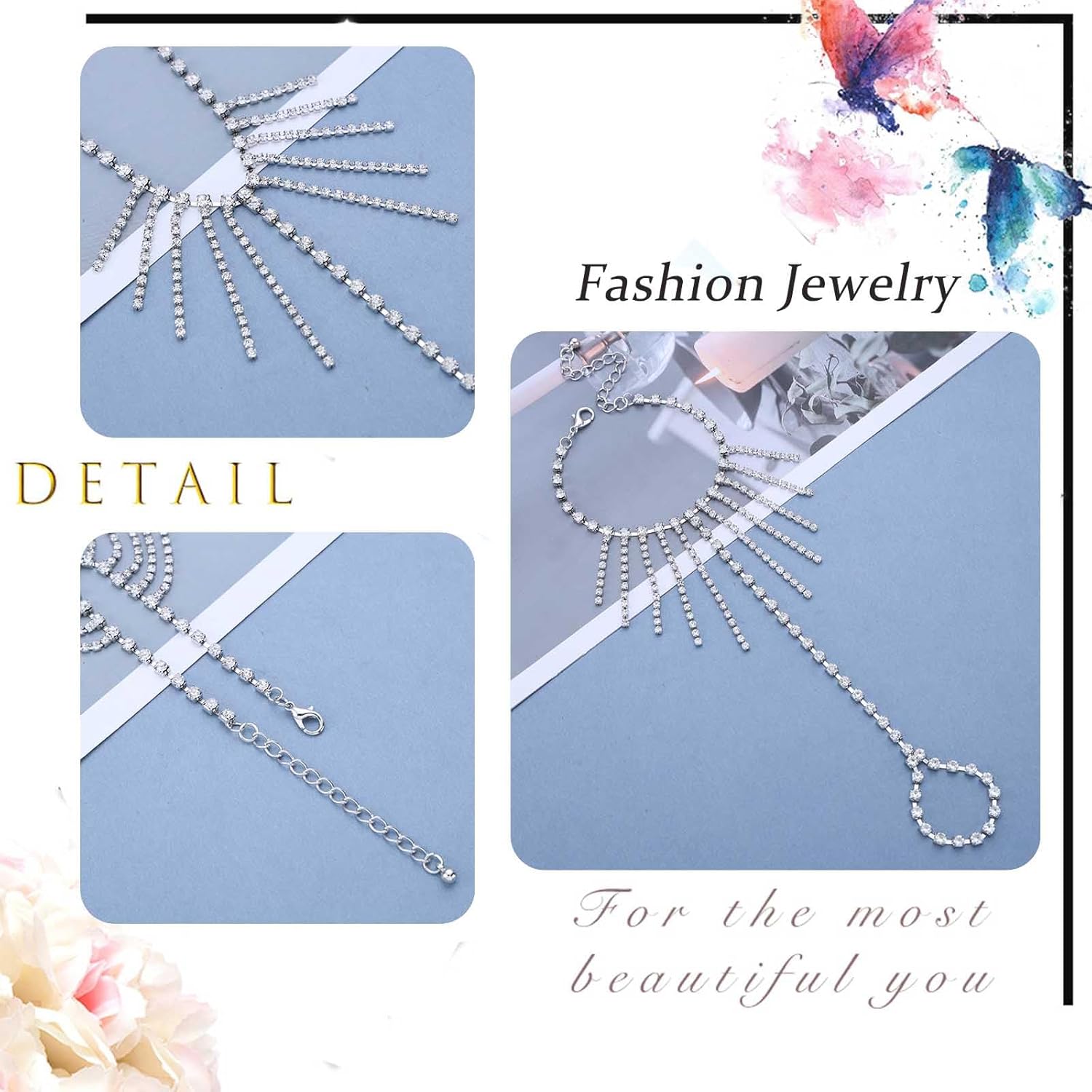 Boho Crystal Chain Ring Hand Bracelet CZ Tassel Finger Ring Bracelet Tennis Ring Bracelet Hand Chain Sparkly Rhinestone Link Bracelet Slave Chain Hand Harness Jewelry for Women - Image 4