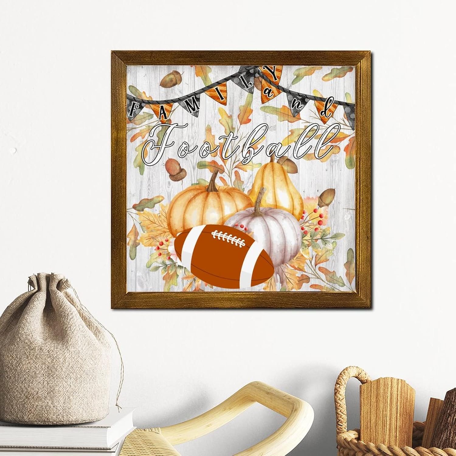 Family and Football Framed Wood Sign Autumn Pumpkin Sunflower Wall Art Sign Rustic Autumn Harvest Wall Decor Hanging Plaque Sign for Bedroom Living Room Home Kitchen 12x12 inch