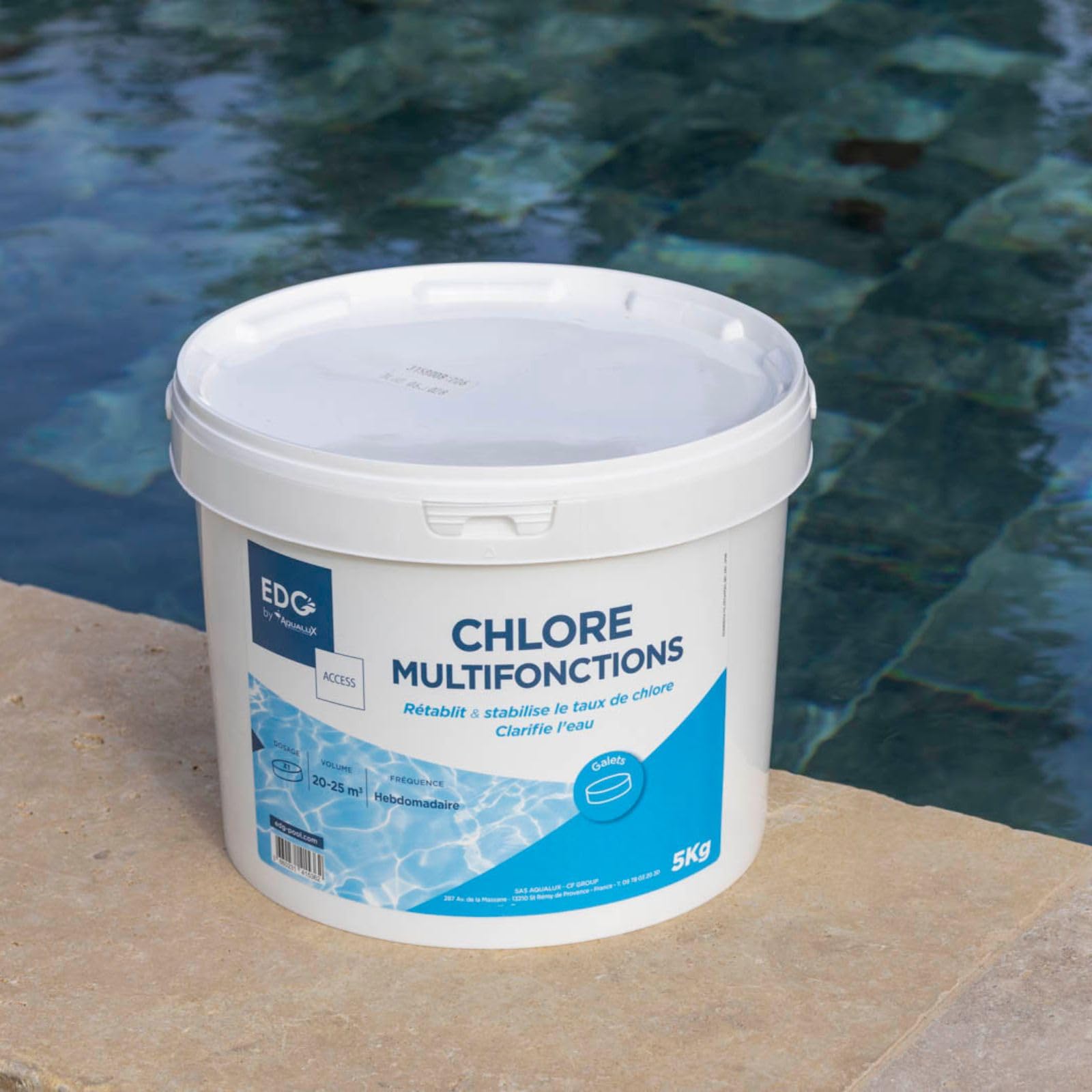 EDG - Chlore Piscine Multifonctions - Désinfecte - Clarifie - Galet 200g - Seau 5 Kg- Action Permanente Longue Durée - Multiactions - Gamme Access