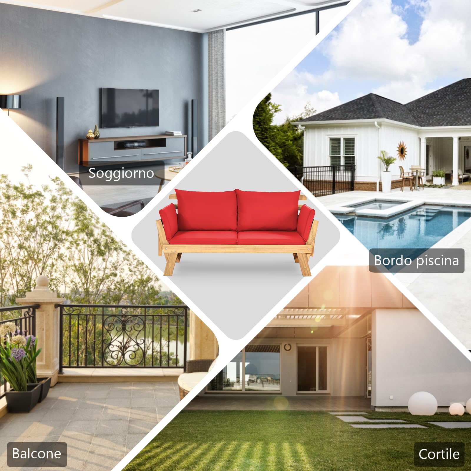 GYMAX 2 in 1 Divano da Esterno 2 Posti, Divano Letto da Giardino con Cuscino, Sdraio da Giardino Pieghevole in Legno con Braccioli Regolabili, Set Divano Giardino, 157-198 x 75 x 75 cm (Rosso)