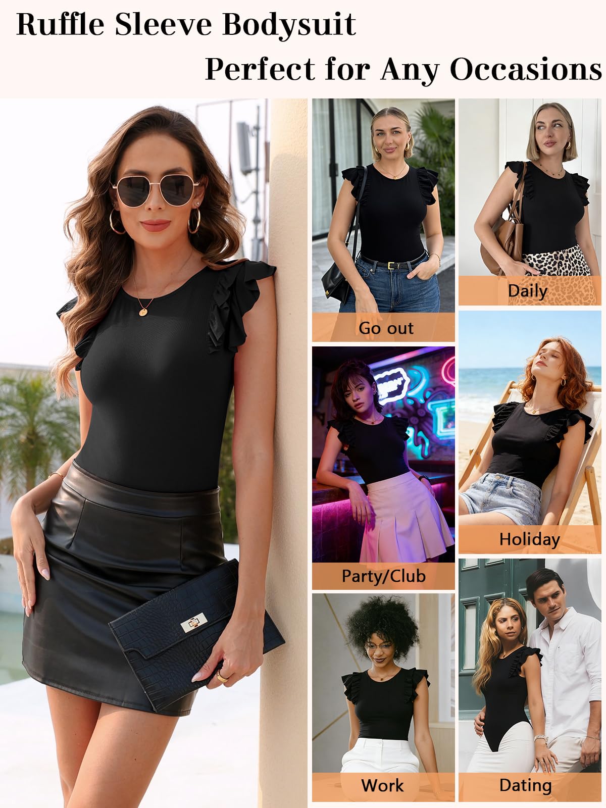 SHAPERIN - Body para mujer con volante elegante, sin mangas con cuello redondo, camiseta de verano