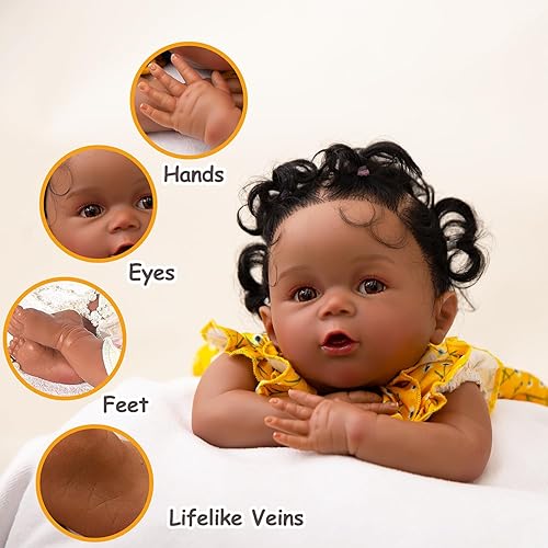 Miniatura 3 de yompray Muñecas de bebé Reborn de 18 pulgadas, realistas, afroamericanas, con aspecto real, de cuerpo completo, de vinilo suave, para niños a partir