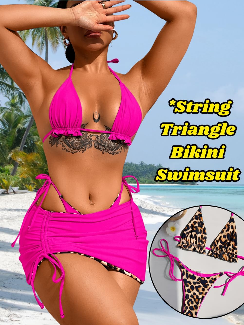 ShawGobow Womens 3 Piece Leopard Bikini Set,Triangle String High Cut Thong Sexy Swimsuit & Coverup Skirt,Pool Party Outfit